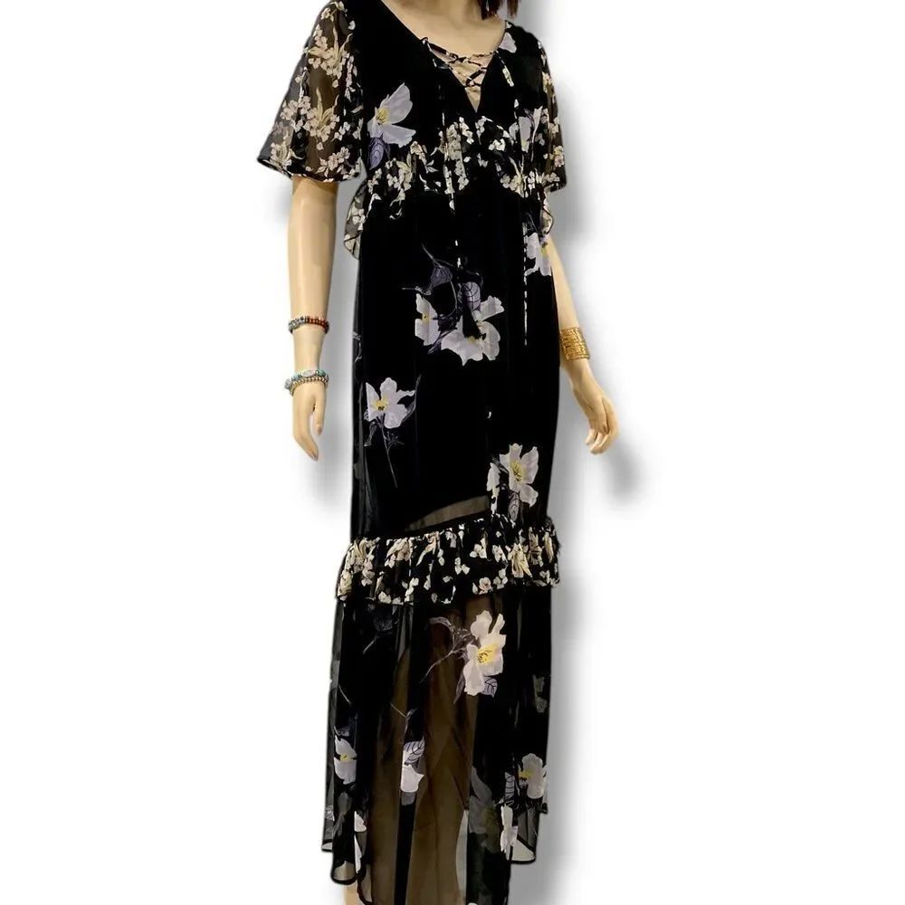 Black Floral Lace Up Neck Short Sleeve Ruffle Hem Maxi Dress NEW